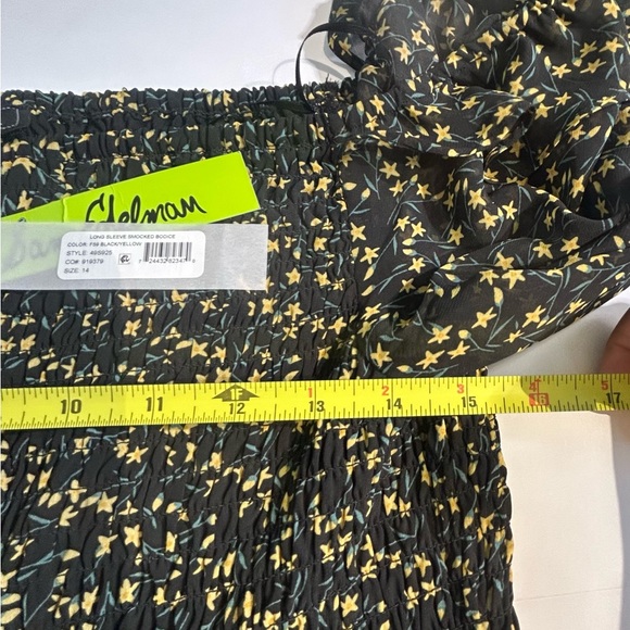 NWT Sam Edelman Black Yellow Floral Smocked Long Sleeve Dress Size 14 - Picture 6 of 7